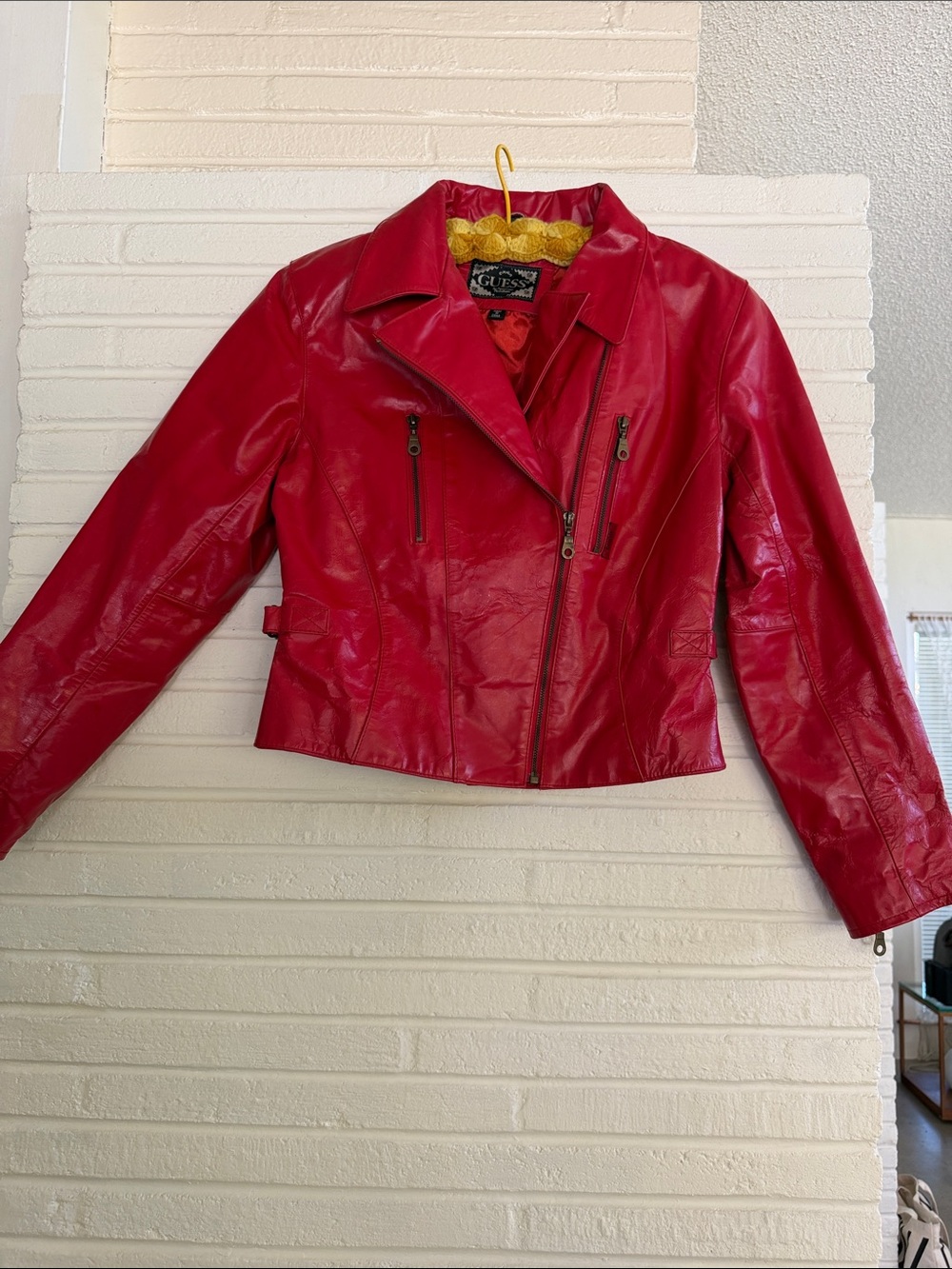 90s GUESS! Red Leather Moto Jacket - M